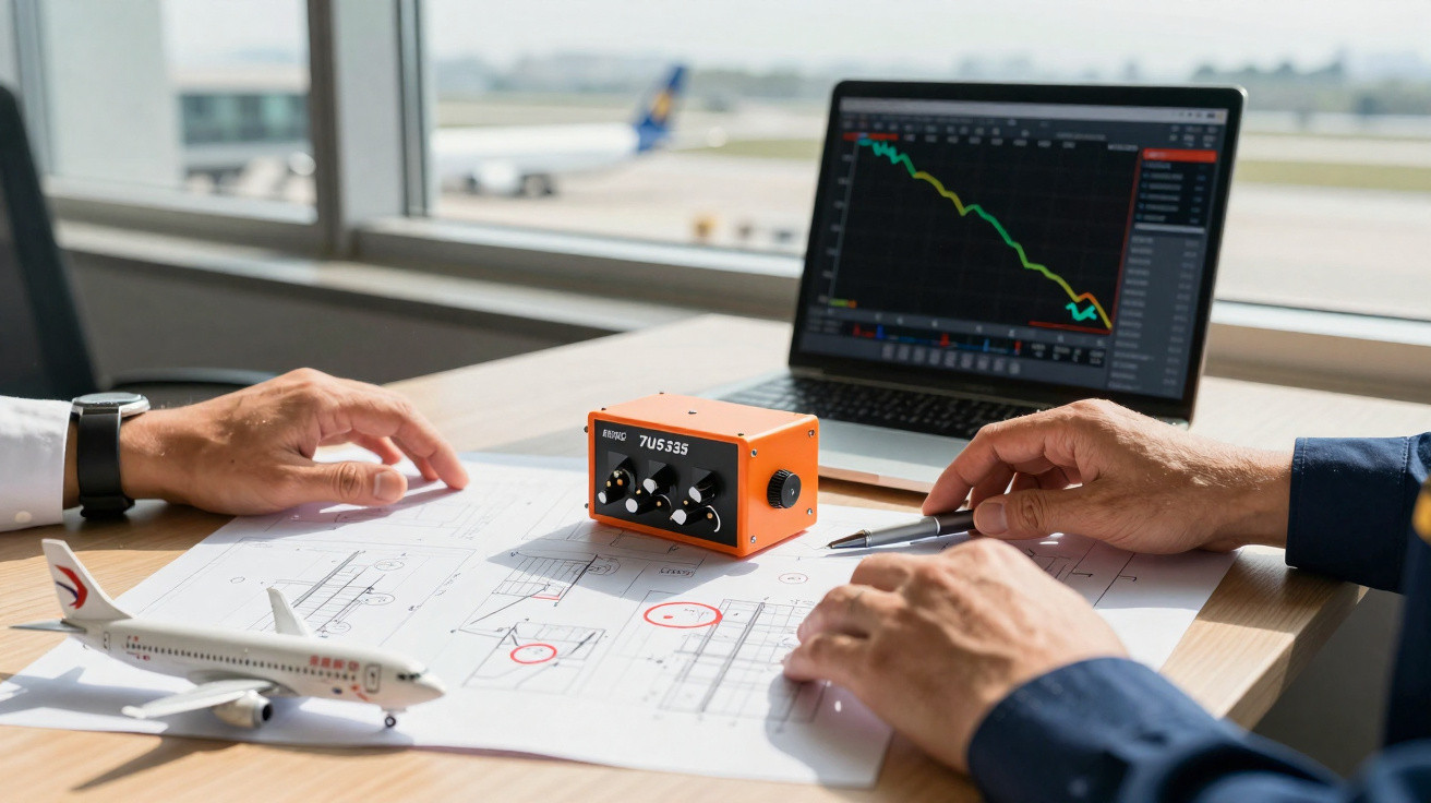 Duas pessoas analisam planos de engenharia com modelo de avião e gráfico em computador num ambiente de aeroporto.