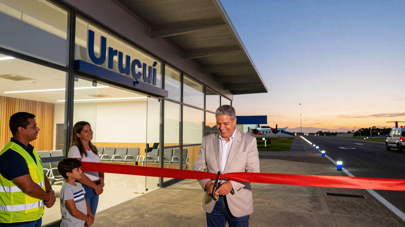 Homem corta fita vermelha na inauguração do aeroporto de Uruçuí ao pôr do sol, com três pessoas a observar.