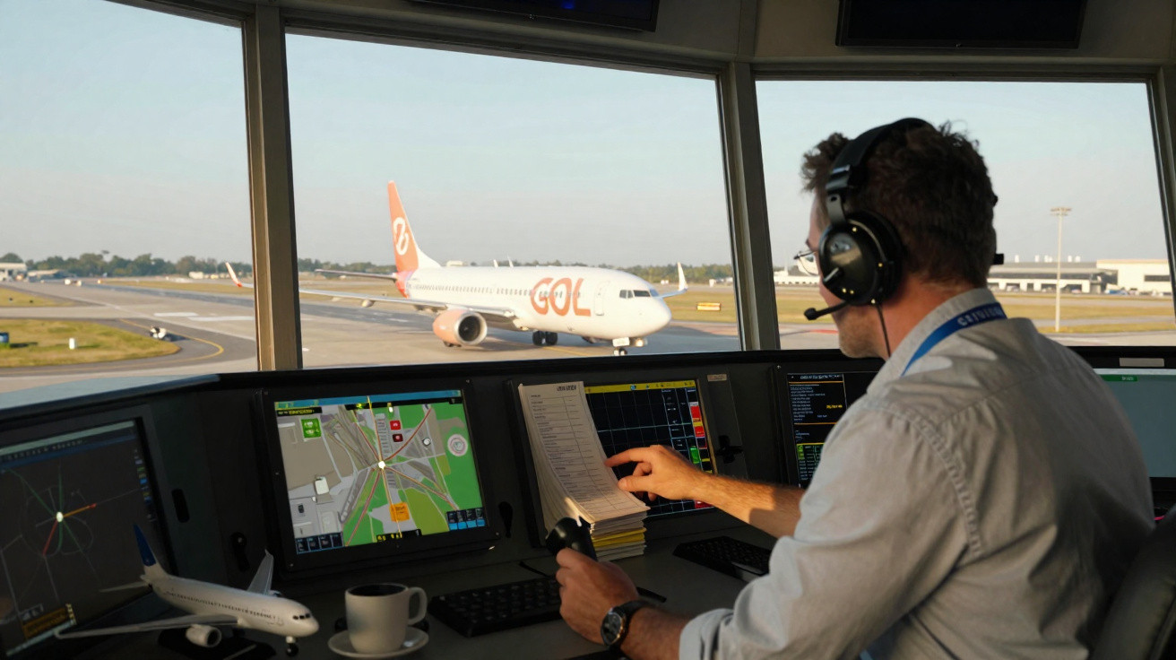 Controlador aéreo com headset observa avião GOL na pista pelo vidro da torre de controlo.