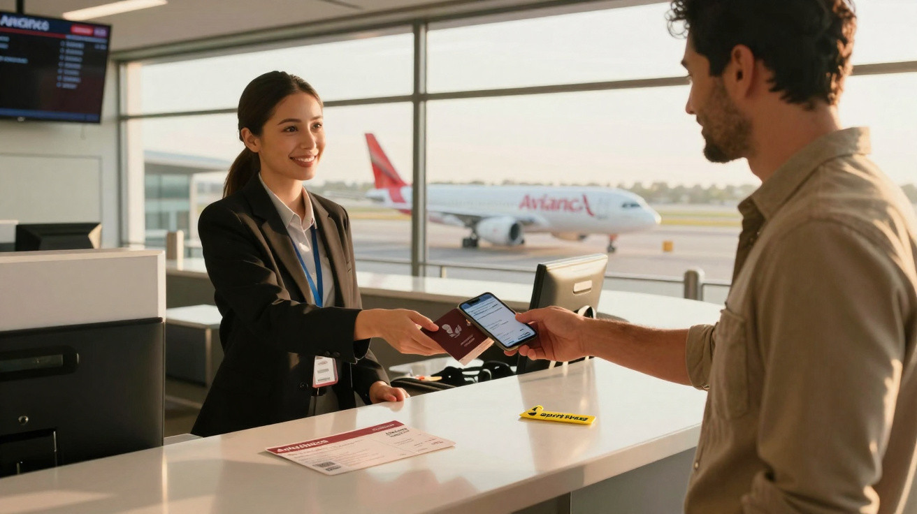 Funcionária de aeroporto a entregar passaporte a passageiro numa zona de check-in com avião ao fundo.