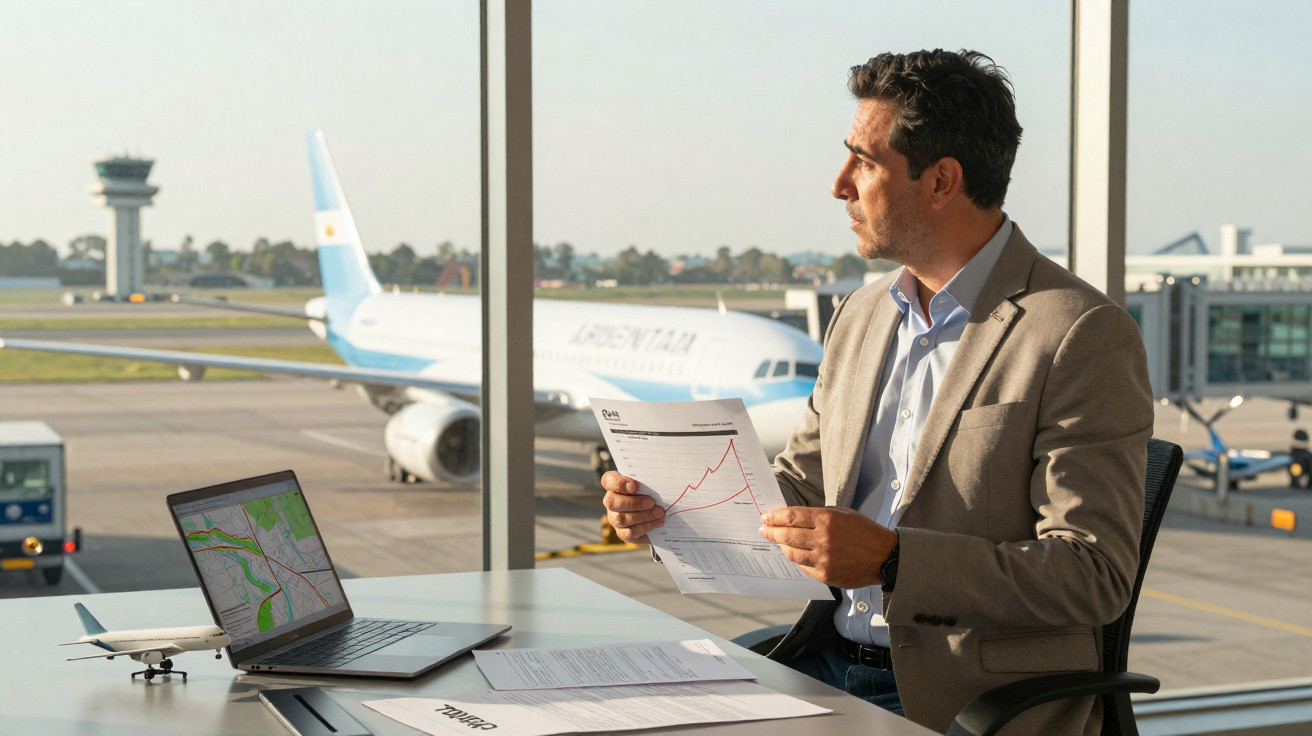 Homem de negócios sentado num escritório no aeroporto com gráficos, laptop e avião ao fundo.