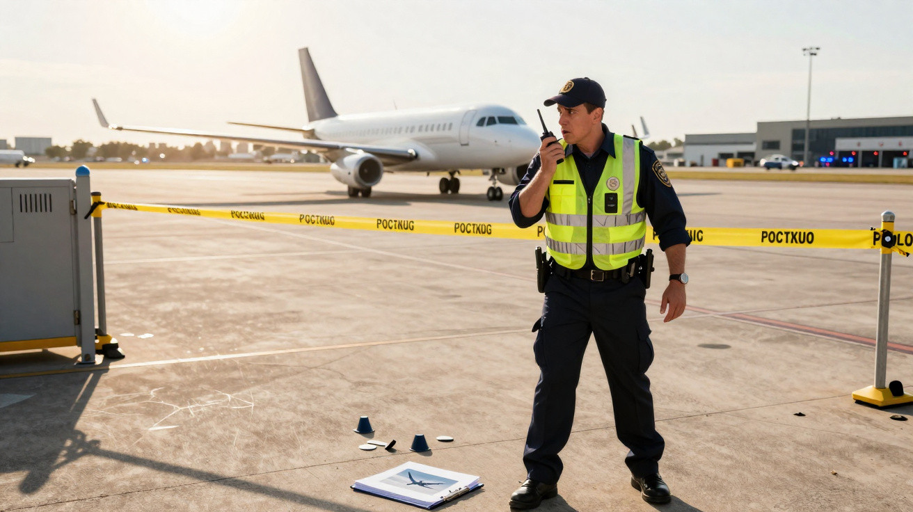 Polícia no aeroporto a comunicar pelo rádio perto de fita amarela e avião estacionado no fundo.