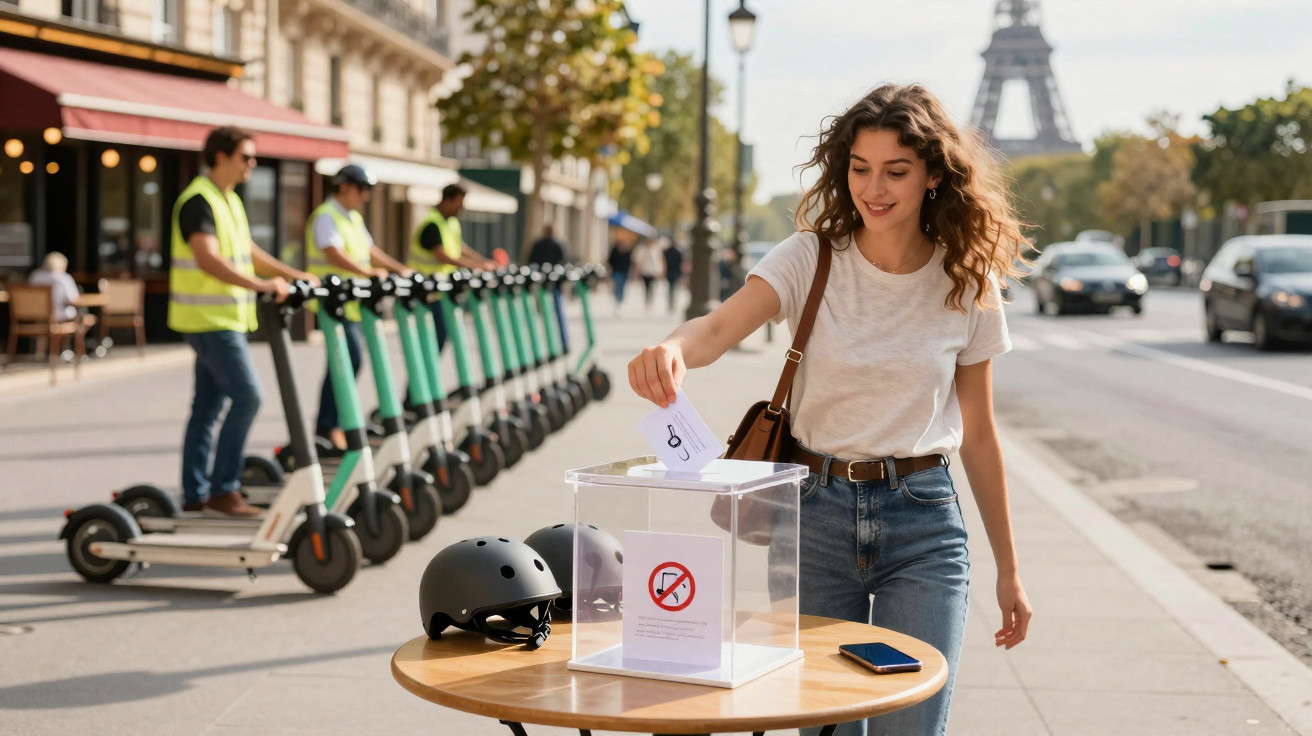 Mulher a votar numa urna transparente numa rua em Paris com patinetes eléctricos e a Torre Eiffel ao fundo.