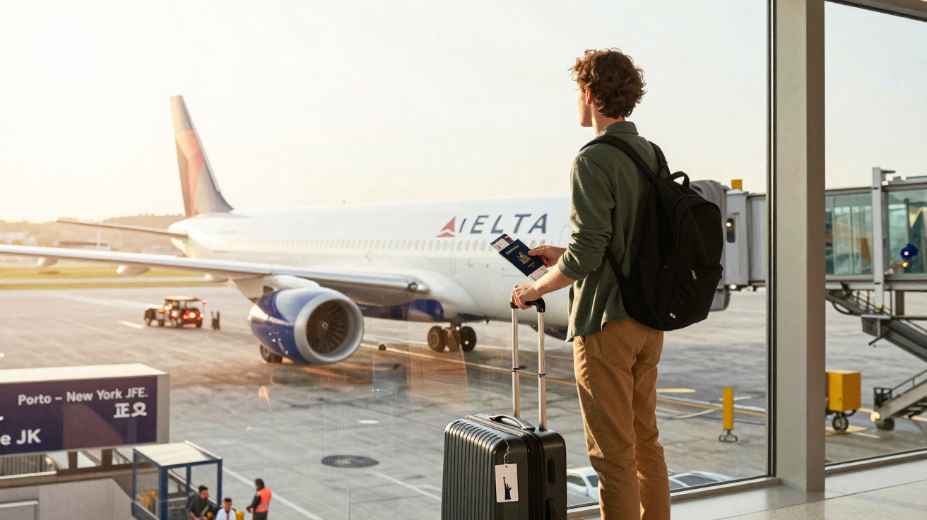 Homem com mochila e mala observa avião da Delta no aeroporto, junto a uma janela grande.