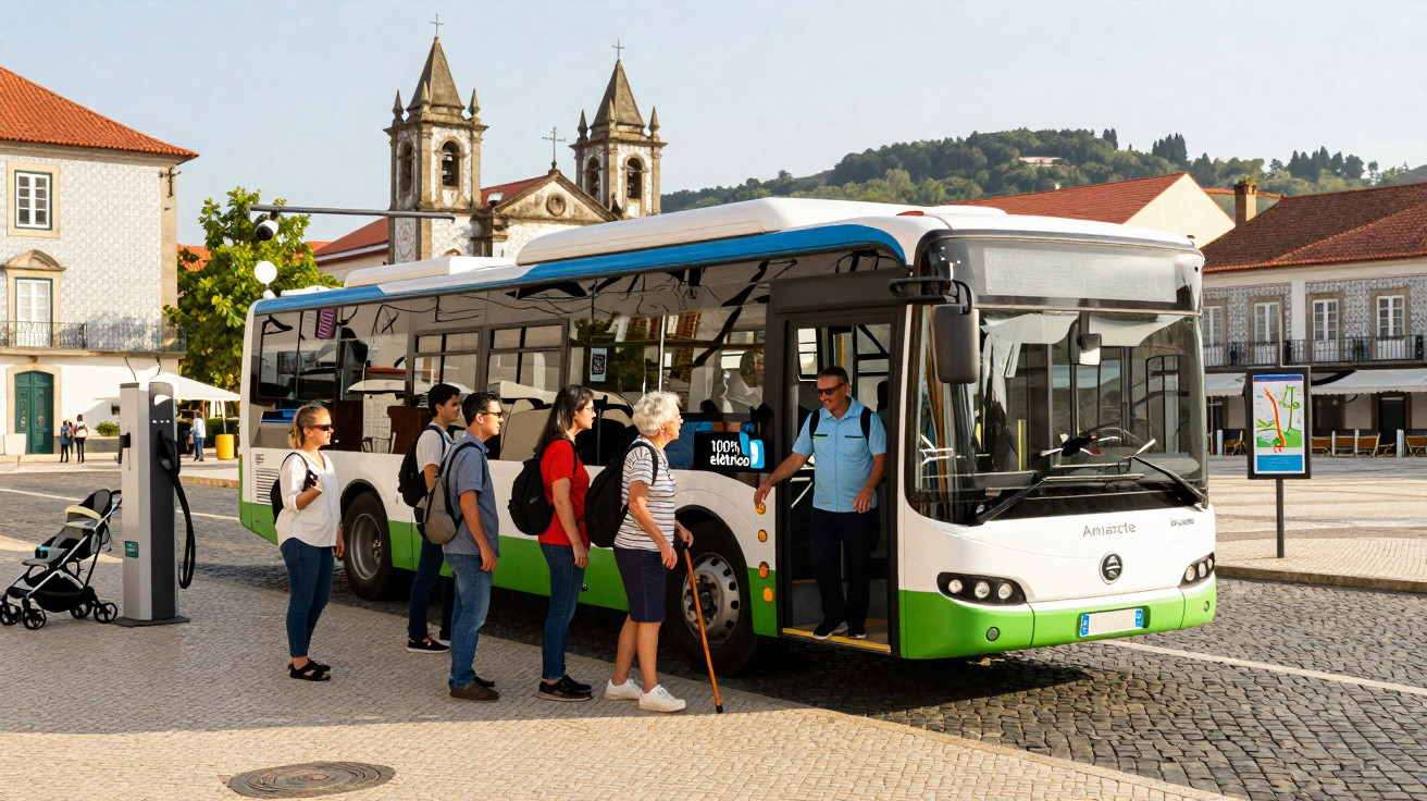 Autocarro elétrico com passageiros a entrar numa paragem numa praça histórica com igreja ao fundo.