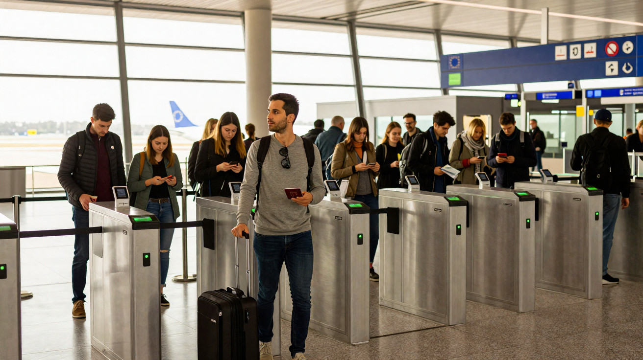 Pessoas com bagagem a passar por catracas de controlo num aeroporto moderno e iluminado durante o dia.
