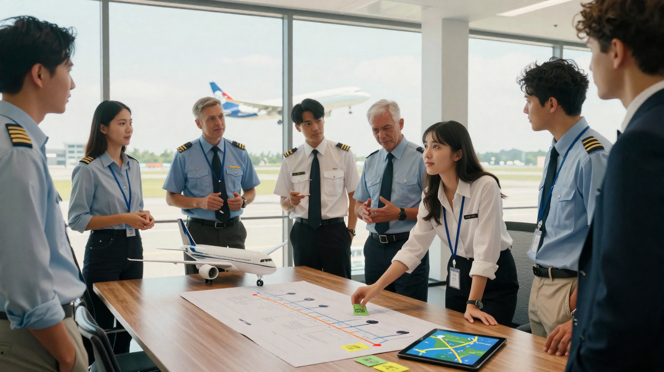 Grupo de profissionais da aviação em reunião, com modelo de avião e mapas numa sala com vista para aeroporto.