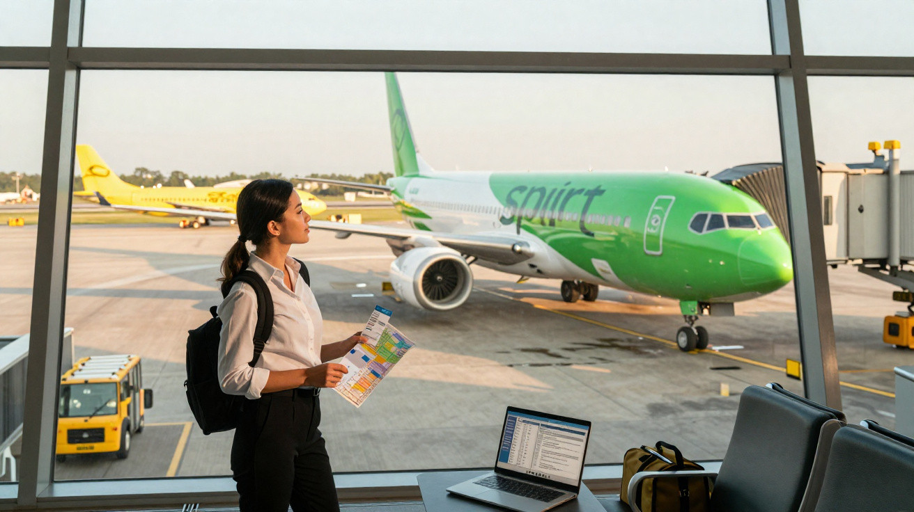 Mulher com mochila e mapa na mão observa avião Spirit num aeroporto através de janela ampla.