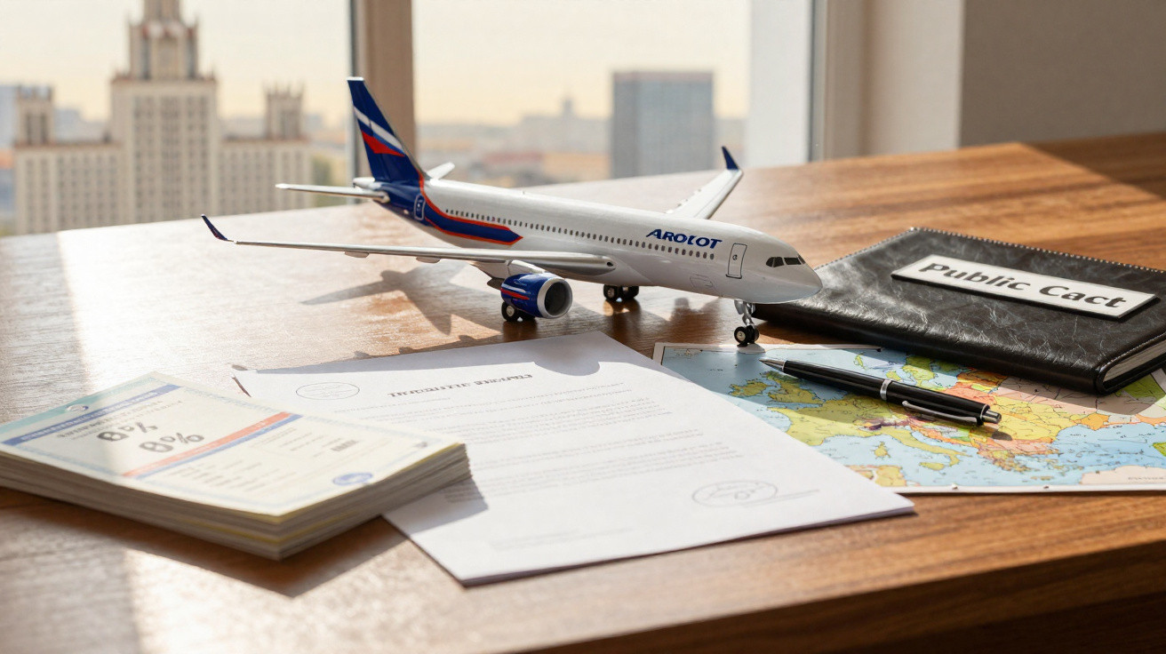 Modelo de avião em mesa com documentos, mapa, caneta e caderno rotulado "Public Cact"