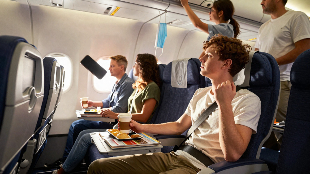 Passageiros sentados a bordo de um avião, alguns segurando copos e uma máscara pendurada no compartimento superior.