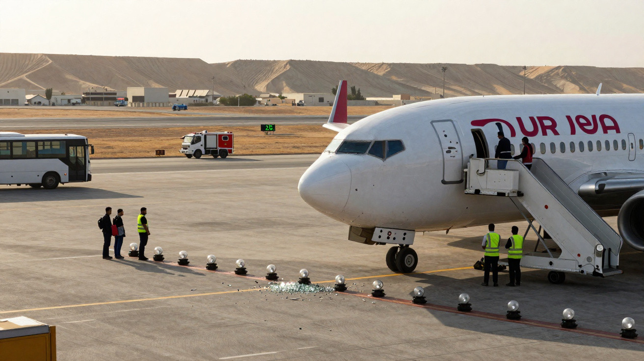 Avião da Tunisair parado no aeroporto com pessoas e funcionários em redor numa pista deserta.