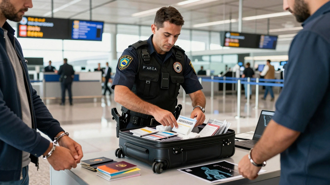 Polícia a revistar bagagem e documentos de passageiros com algemas num aeroporto moderno.