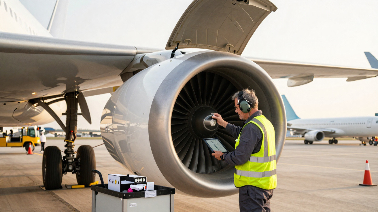 Técnico em colete refletor a inspecionar o motor de um avião no aeroporto durante o dia.