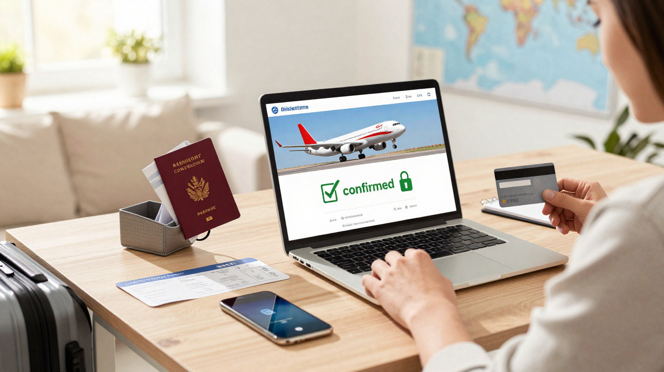Pessoa a reservar voo online com cartão de crédito, passaporte e smartphone numa mesa com mala junto.