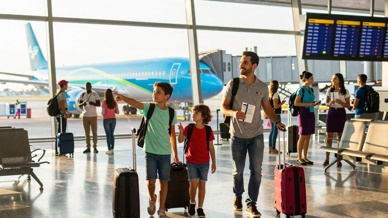 Família com malas e bilhetes a caminhar no aeroporto junto a um avião estacionado.