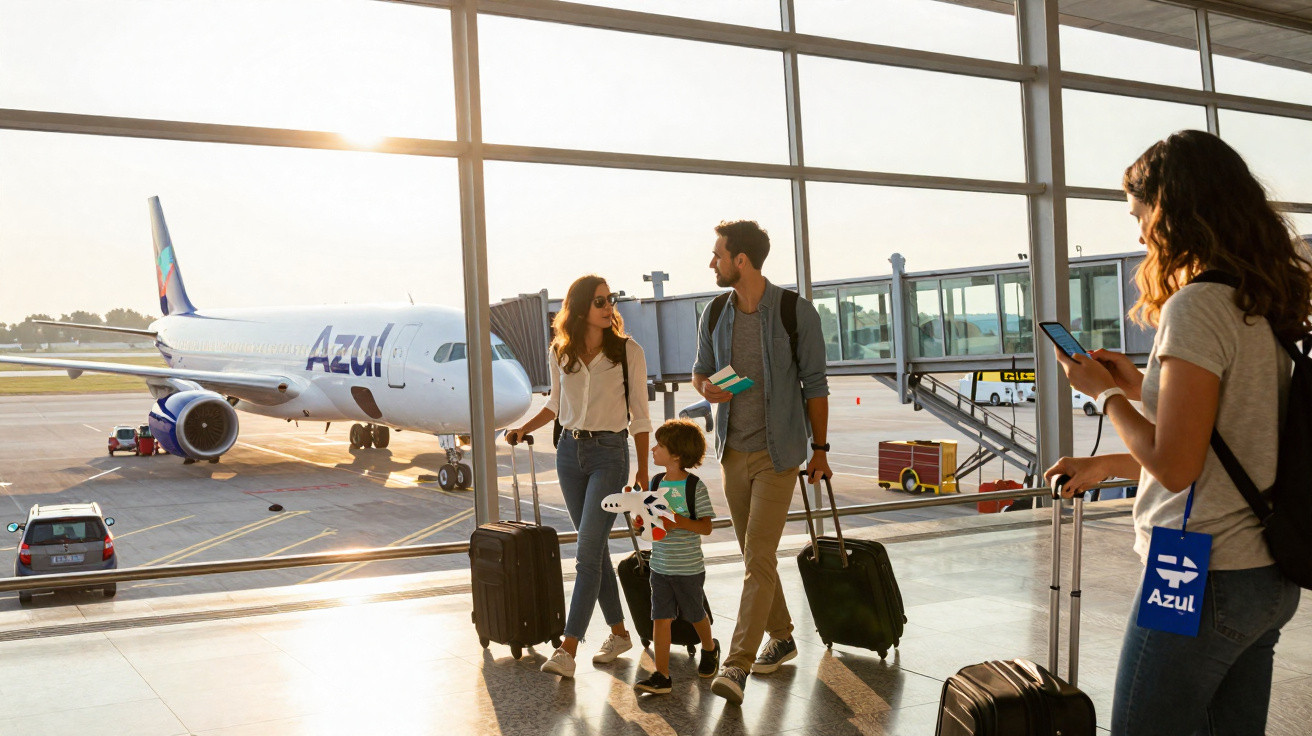 Família no aeroporto com malas, menino segurando brinquedo e avião da Azul no fundo ao pôr do sol.