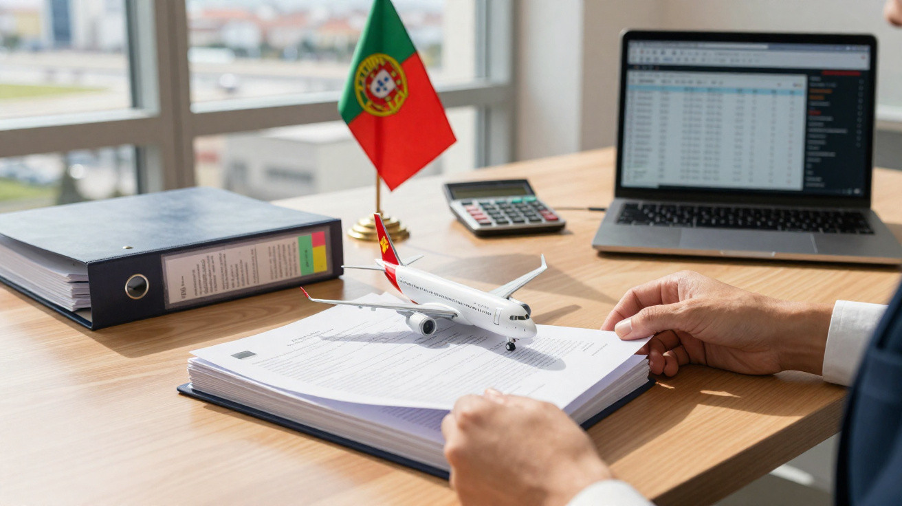 Mesa de escritório com miniatura de avião, bandeira de Portugal, computador portátil e documentos organizados.