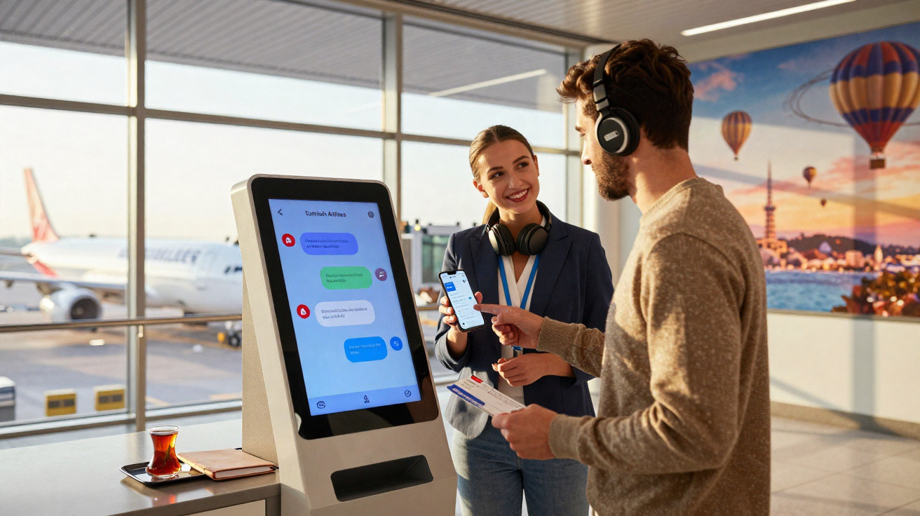 Homem com auscultadores usa quiosque digital no aeroporto enquanto mulher lhe mostra informações no telemóvel.