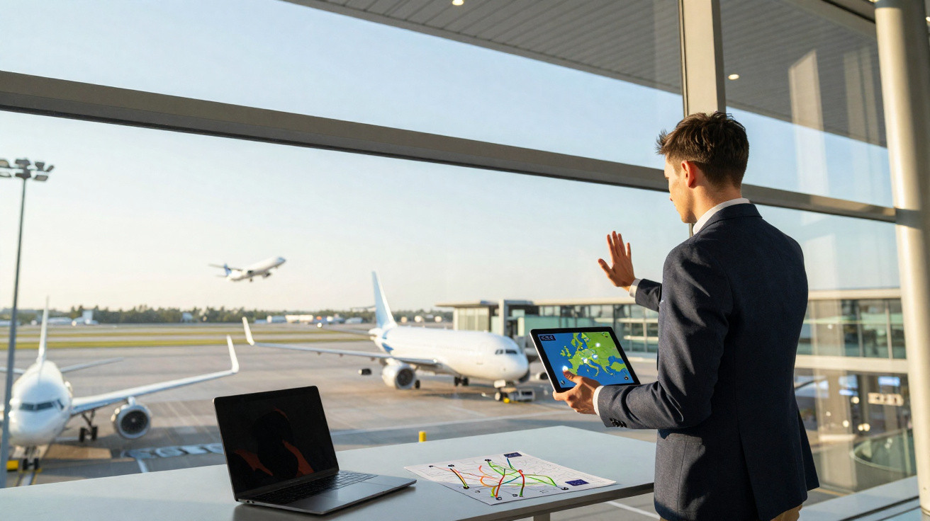 Homem em fato com tablet na mão junto a laptop e mapas, observa aviões num aeroporto moderno com grandes janelas.