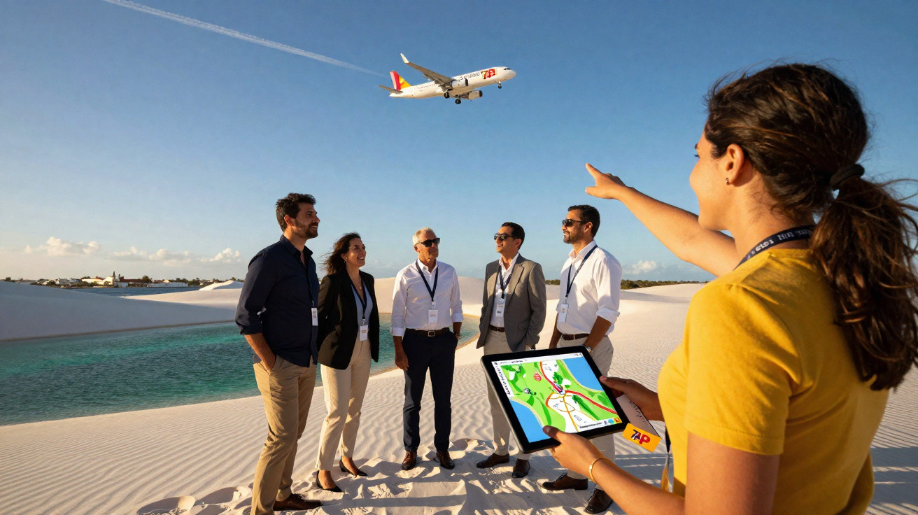 Grupo de pessoas numa paisagem arenosa com tablet, apontando para avião a sobrevoar céu limpo.
