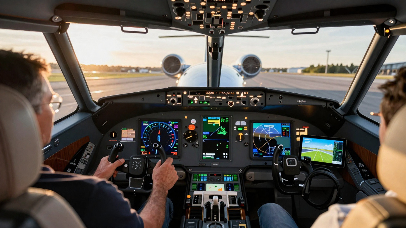 Cockpit de avião com dois pilotos, mostrando instrumentos e motores ao fundo ao pôr do sol.