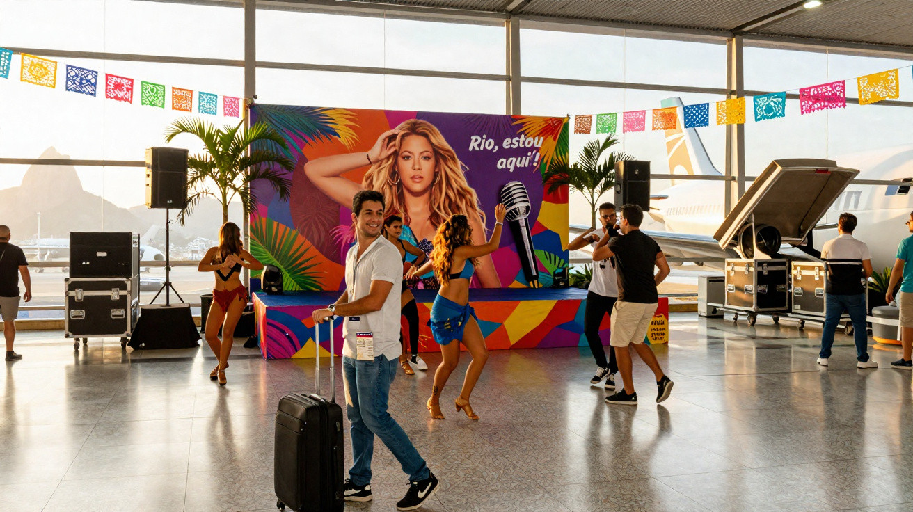 Pessoas dançando e passeando perto de um mural colorido com a imagem de uma cantora e a frase "Rio, estou aqui!" num aeroport