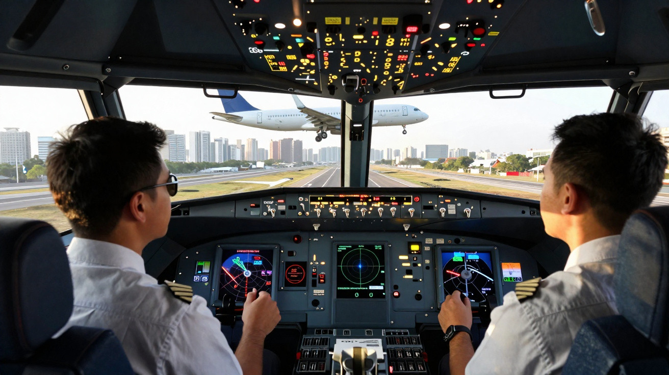 Cockpit de avião com dois pilotos a preparar a aterragem, com outro avião a aproximar-se numa pista urbana.