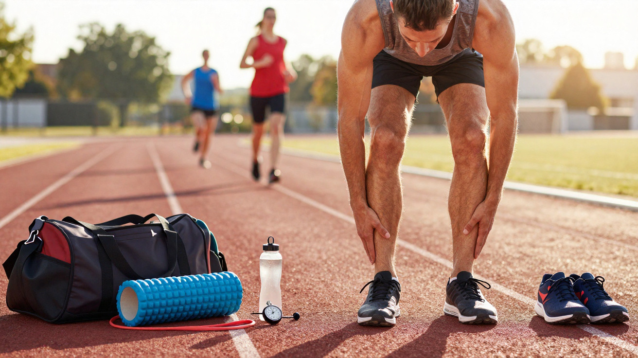 Atleta a esticar as pernas numa pista de corrida com outros corredores e equipamentos de treino.