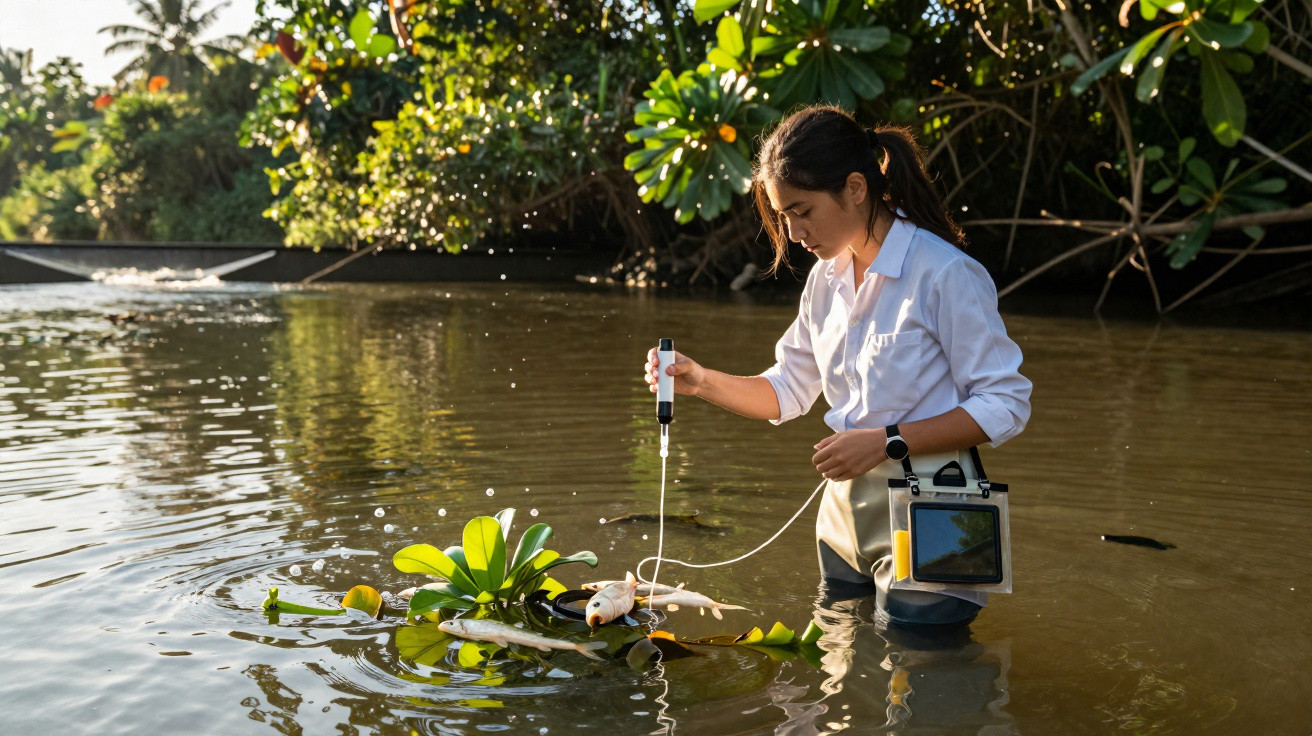 Mulher a recolher amostras de água num rio, rodeada de vegetação, com equipamento de monitorização ambiental.