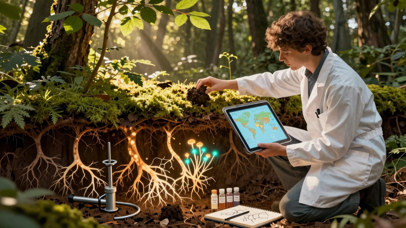 Jovem cientista estuda raízes de plantas na floresta com tablet e amostras de solo.