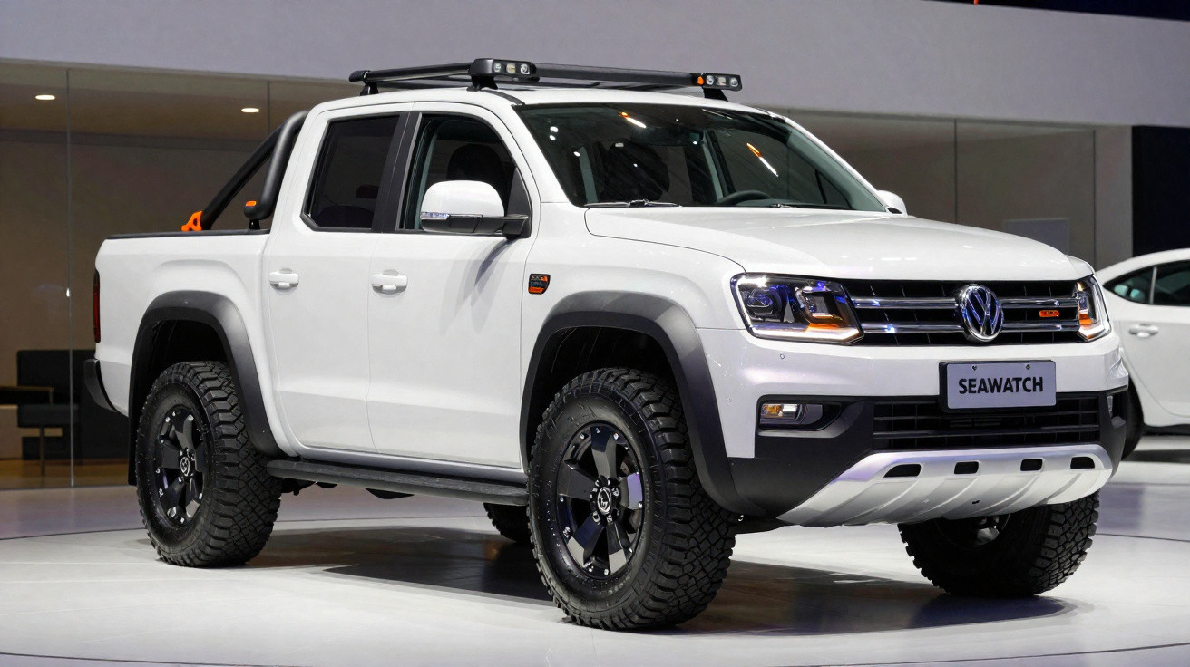 Pick-up Volkswagen branca Seawatch em exposição com pneus off-road e detalhes pretos.