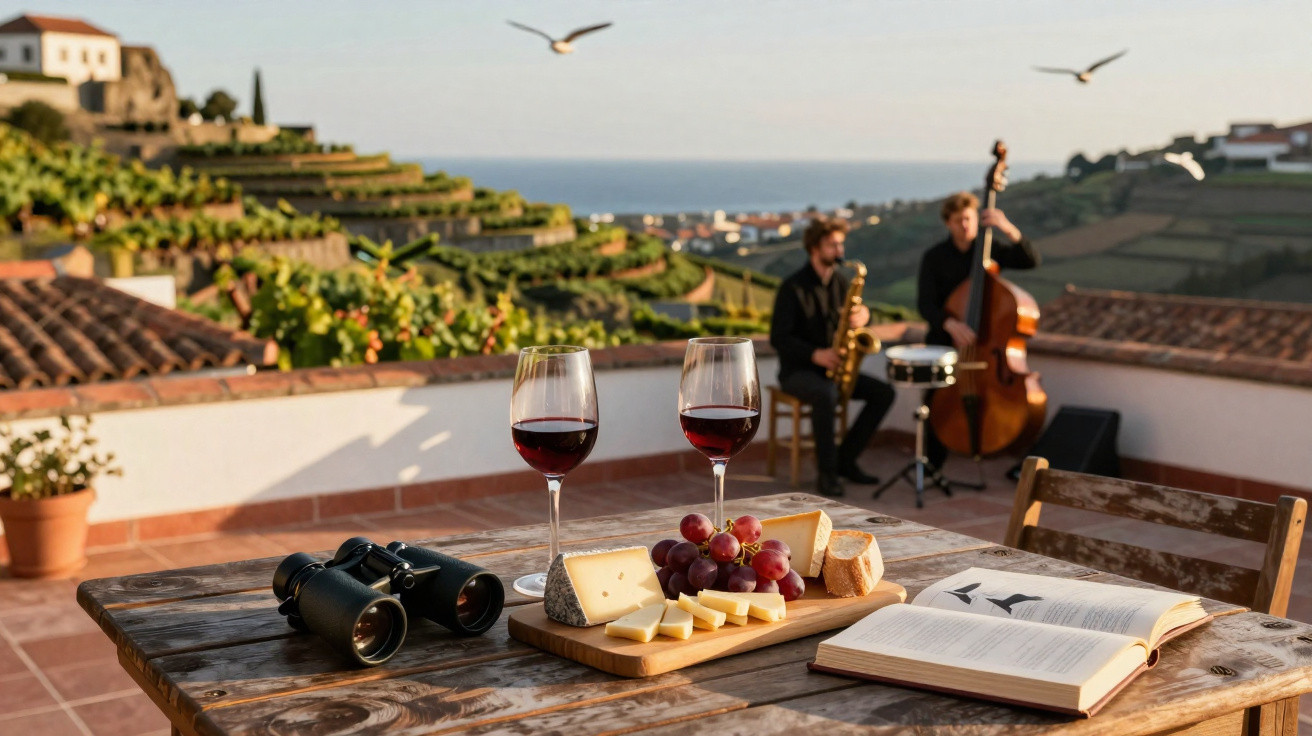 Mesa com vinho, queijo, uvas, binóculos e livro numa varanda com músicos e vinha ao fundo.