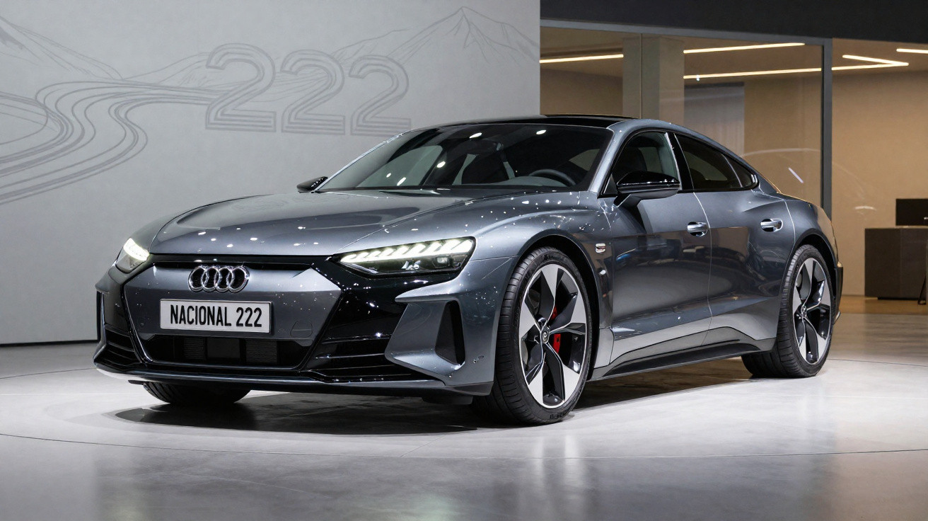 Carro Audi elétrico cinza escuro em exposição dentro de salão com iluminação moderna.