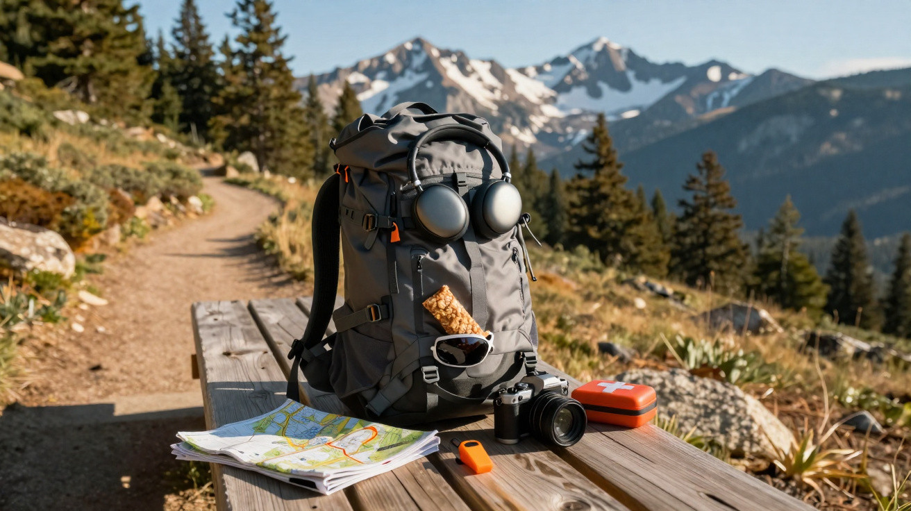 Mochila de caminhada com acessórios em banco de madeira junto a trilho montanhoso com pinheiros e neve ao fundo.