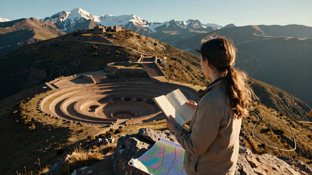 Mulher a ler um livro no topo de uma montanha com ruínas circulares e montanhas nevadas ao fundo.