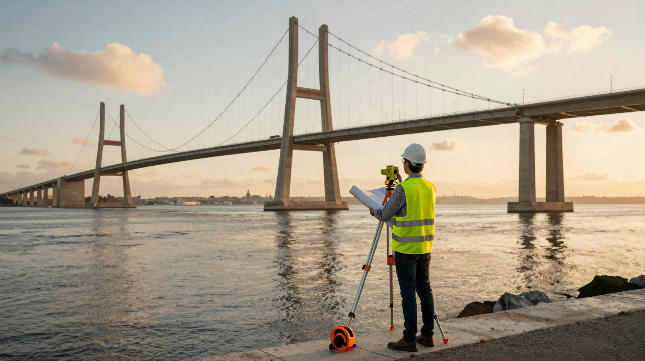 Engenheiro com colete e capacete a usar equipamento de topografia perto da ponte Vasco da Gama ao pôr do sol.