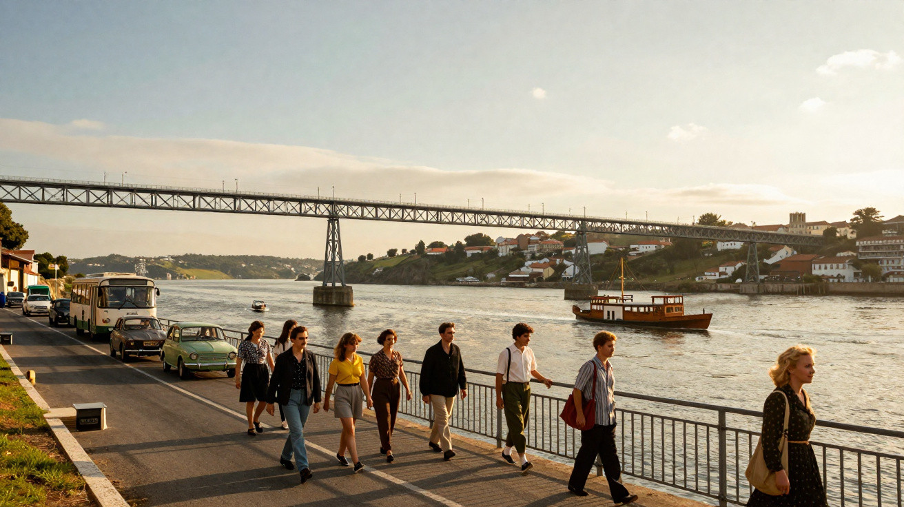 Pessoas a caminhar junto ao rio Douro com o barco rabelo e a ponte D. Maria Pia ao fundo, numa tarde soalheira.