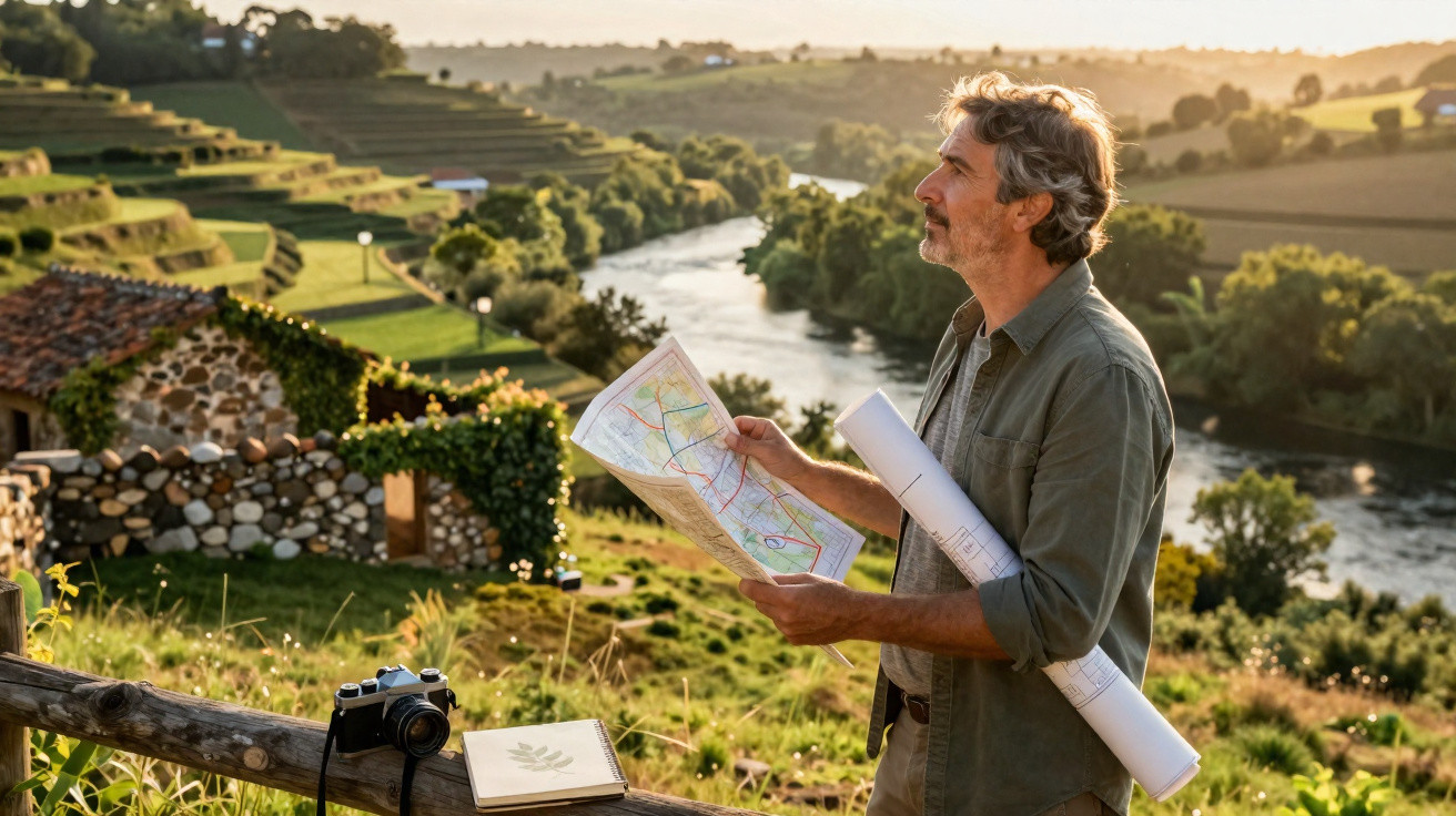 Homem com mapas à mão observa paisagem rural junto a rio e casas ao pôr do sol.