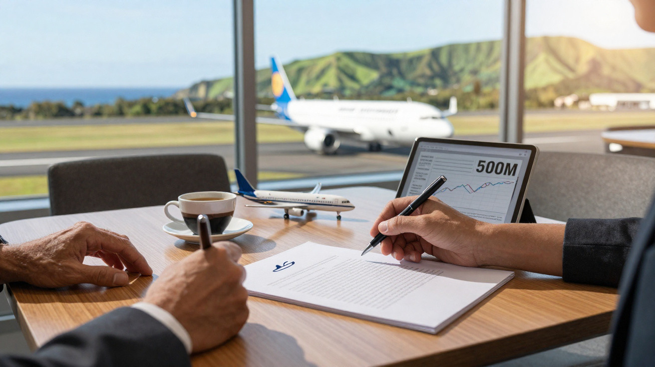 Duas pessoas a assinar documentos numa mesa com modelo de avião, café e avião a voar fora da janela.