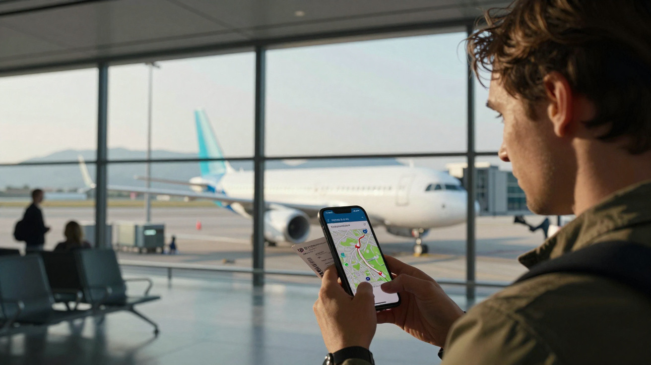 Homem com bilhete e telemóvel consulta aplicação de mapas numa área de embarque com avião ao fundo.