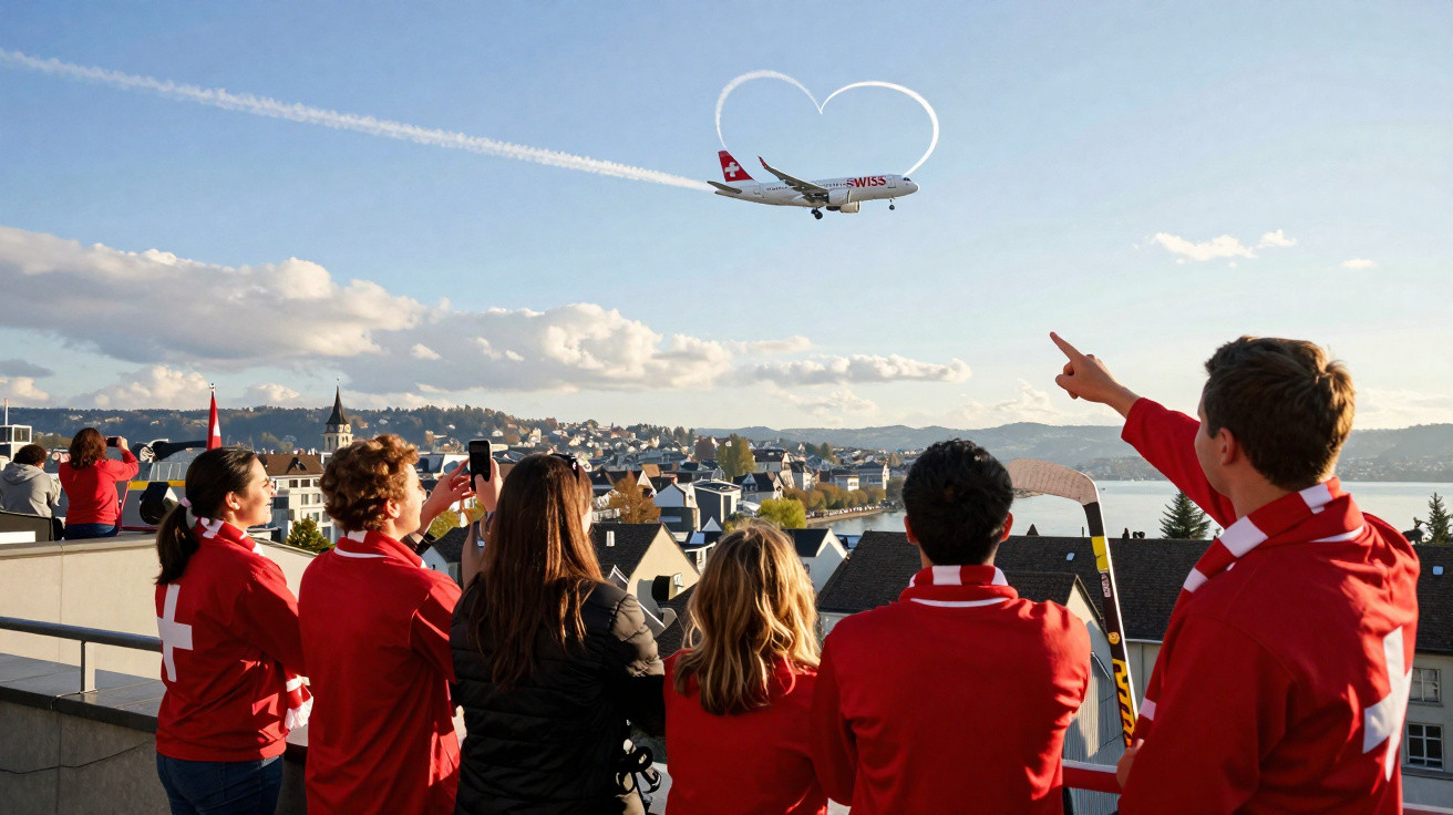 Pessoas de vermelho assistem avião da Swiss a formar coração com rasto no céu sobre cidade e lago.