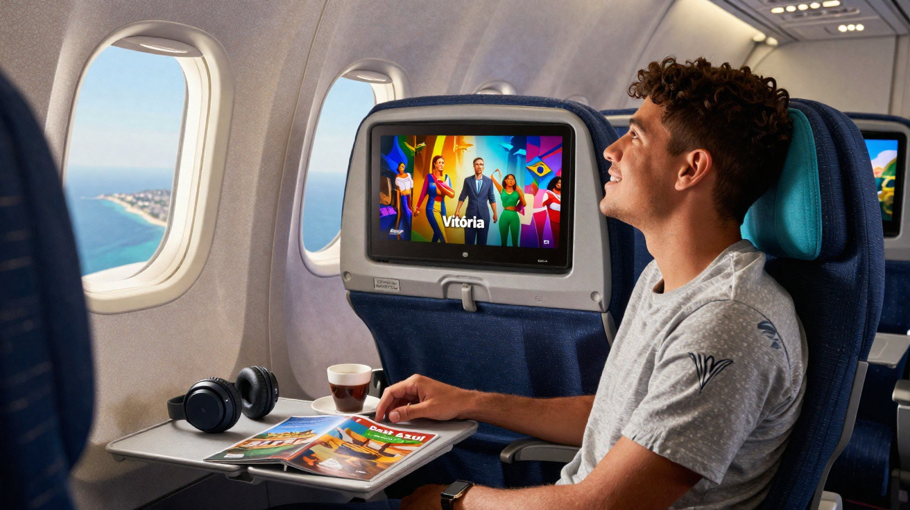 Homem sentado num avião a ver um ecrã com o filme Vitória, com auscultadores e revista na mesa.