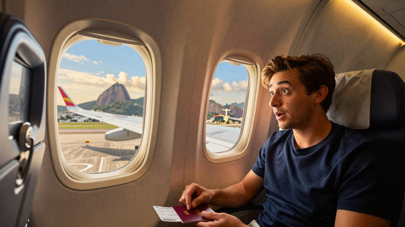 Homem sentado numa janela de avião com bilhete na mão, com vista para o Cristo Redentor no Rio.
