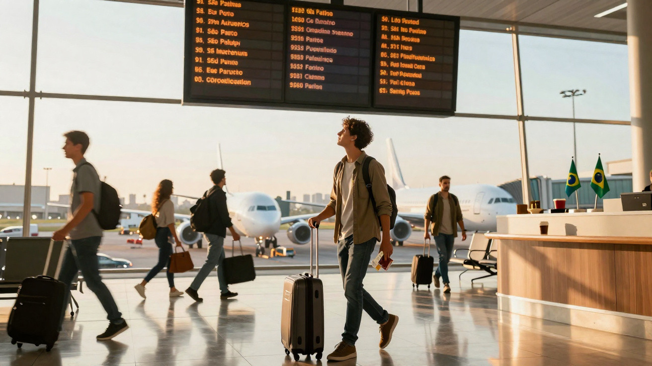 Pessoas com bagagem a deslocar-se num aeroporto com aviões estacionados e painel de voos ao fundo.