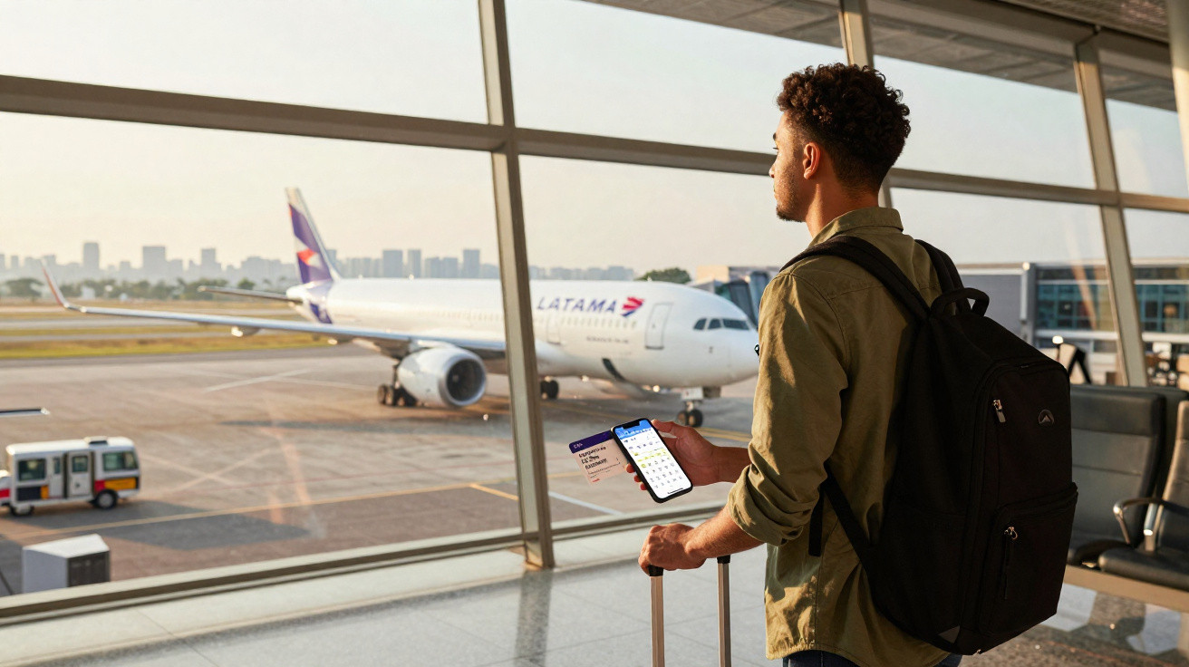 Homem com mochila e mala na mão vê avião LATAM através da janela do aeroporto, segurando telemóvel e cartão de embarque.