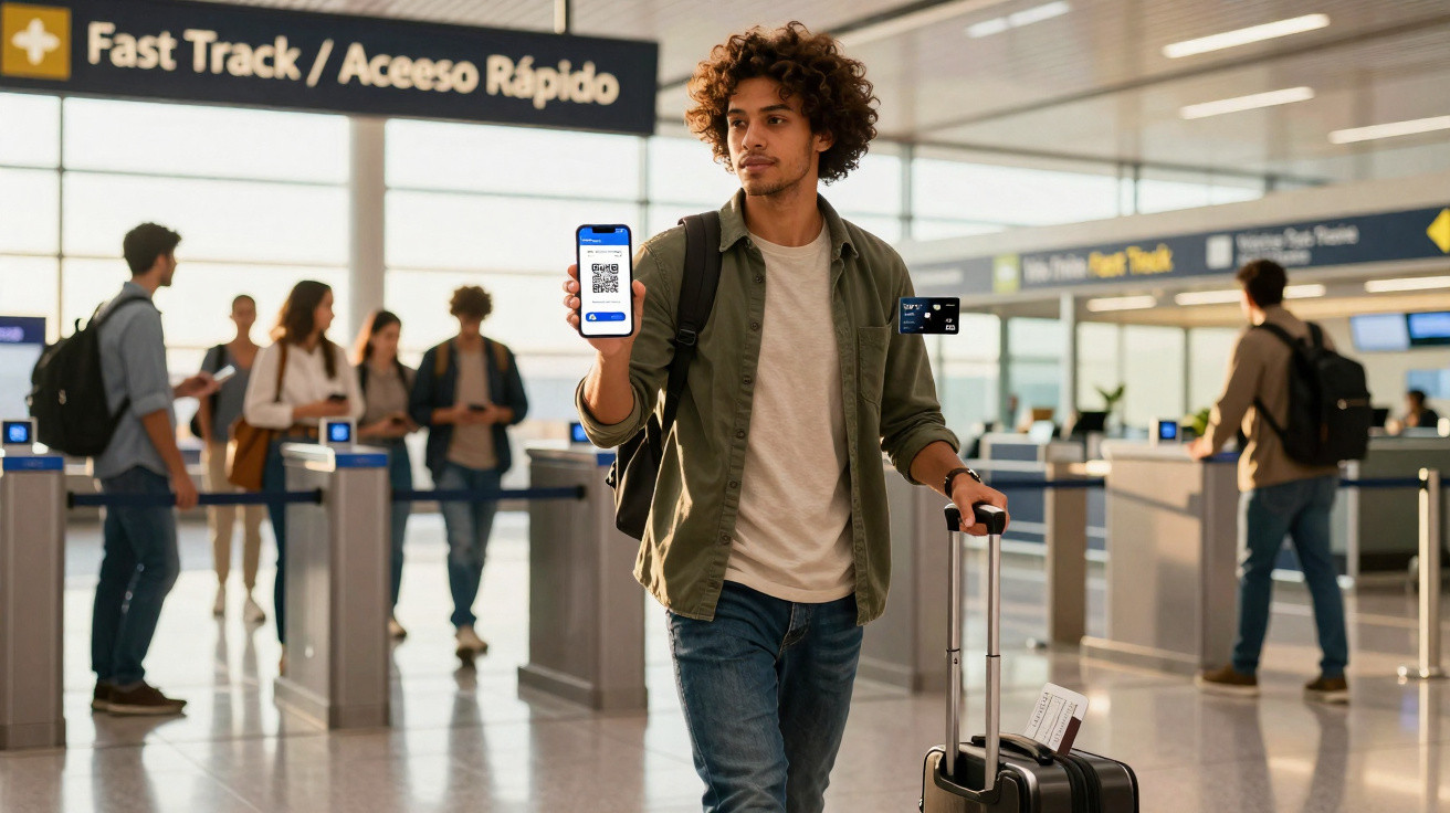 Jovem com mala a mostrar código QR num terminal de acesso rápido num aeroporto movimentado.