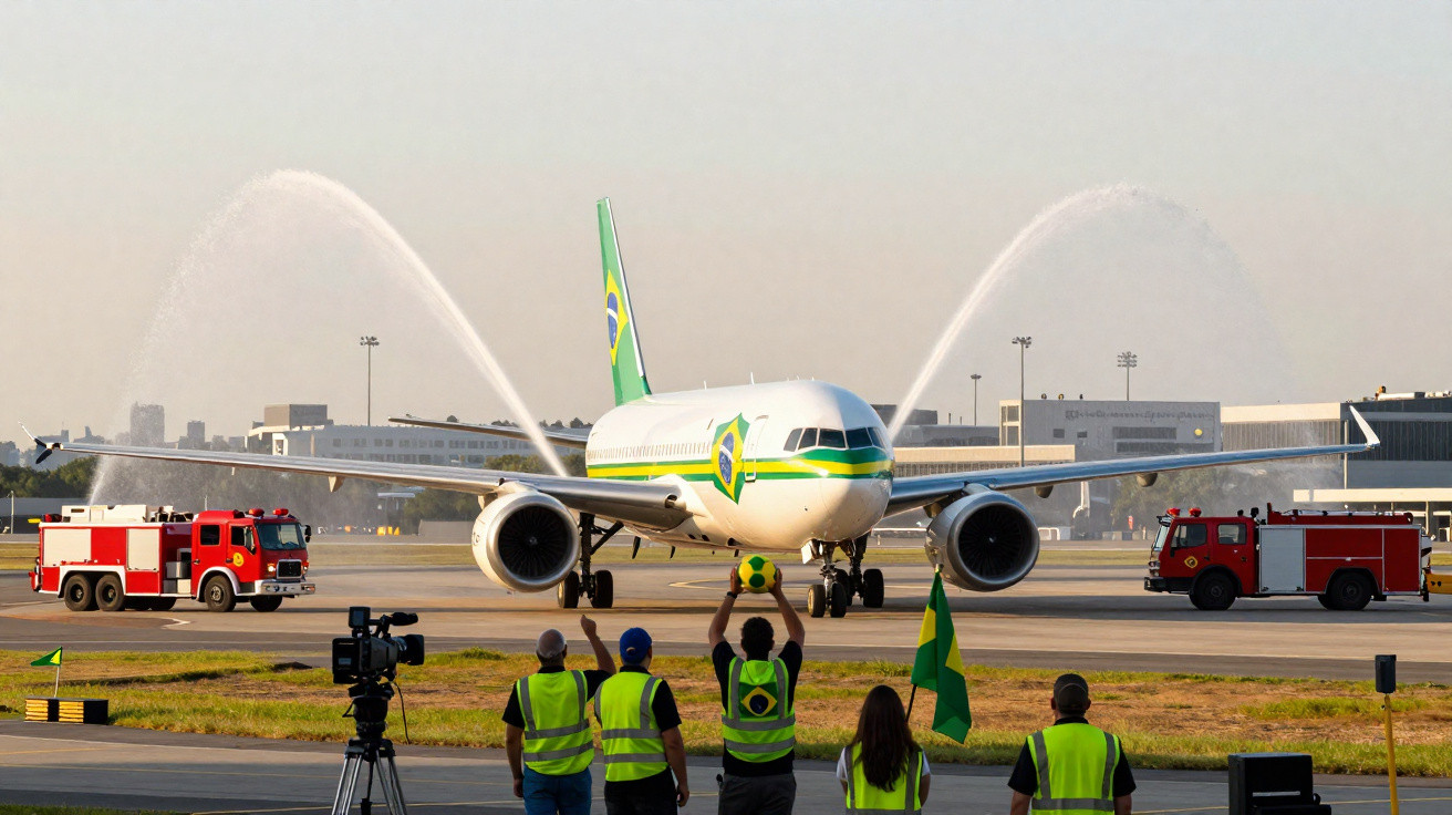 Avião com as cores do Brasil recebe batismo de água no aeroporto com pessoas a assistir em primeiro plano.