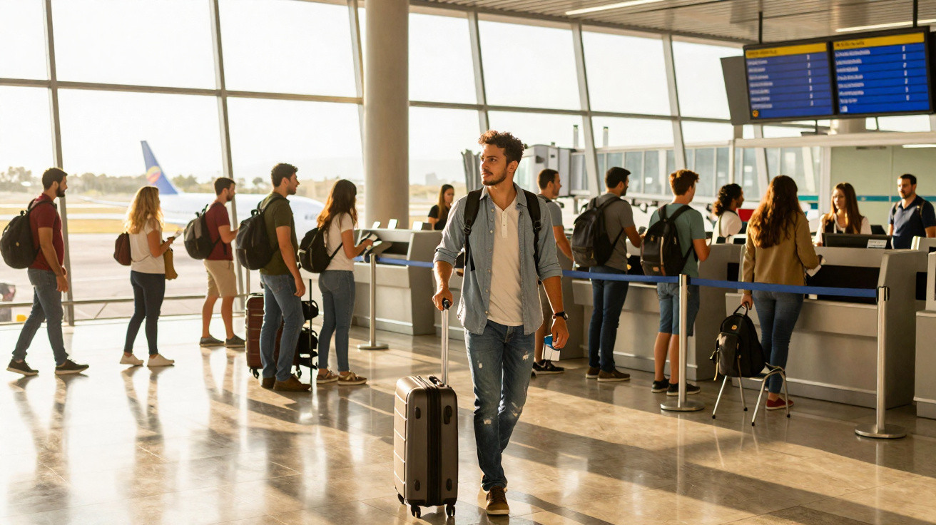 Pessoas na fila do check-in num aeroporto moderno, com malas e mochilas, luz natural a entrar pelas janelas.