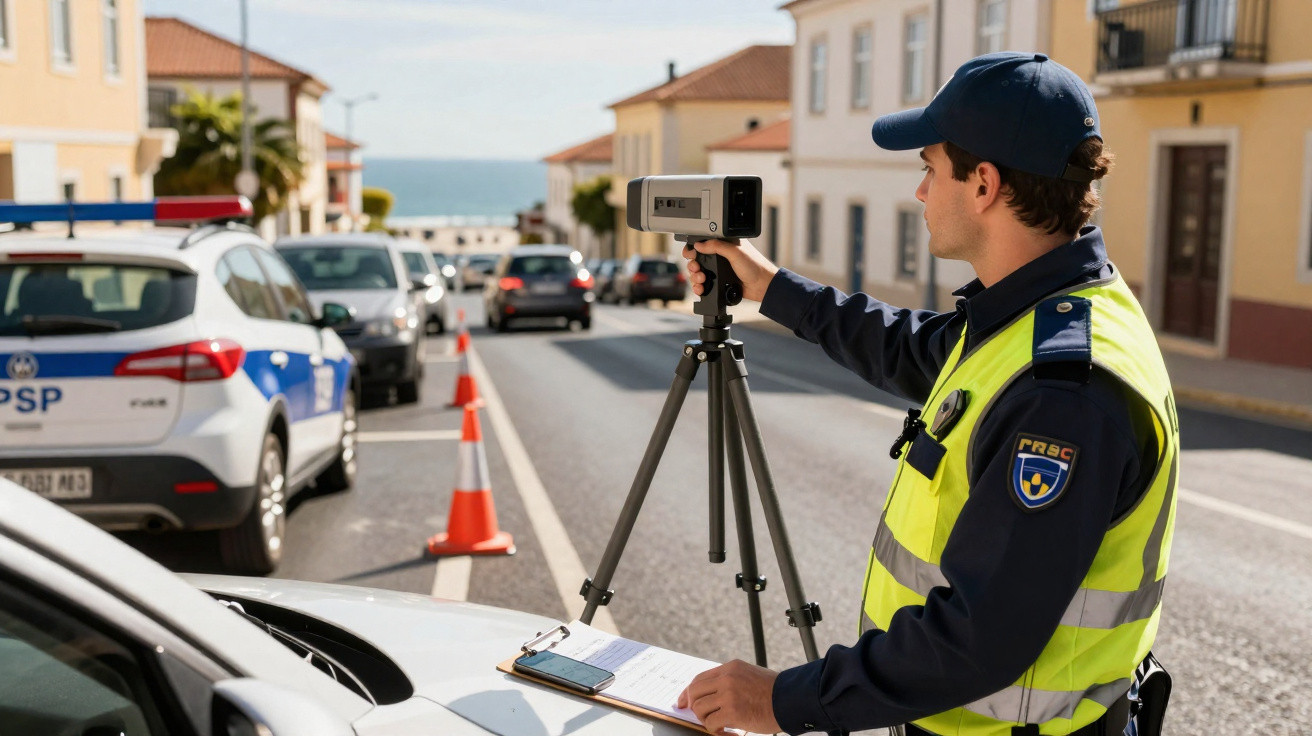 Polícia em colete reflexivo a operar radar de velocidade numa rua com vários carros estacionados e sinais de trânsito.