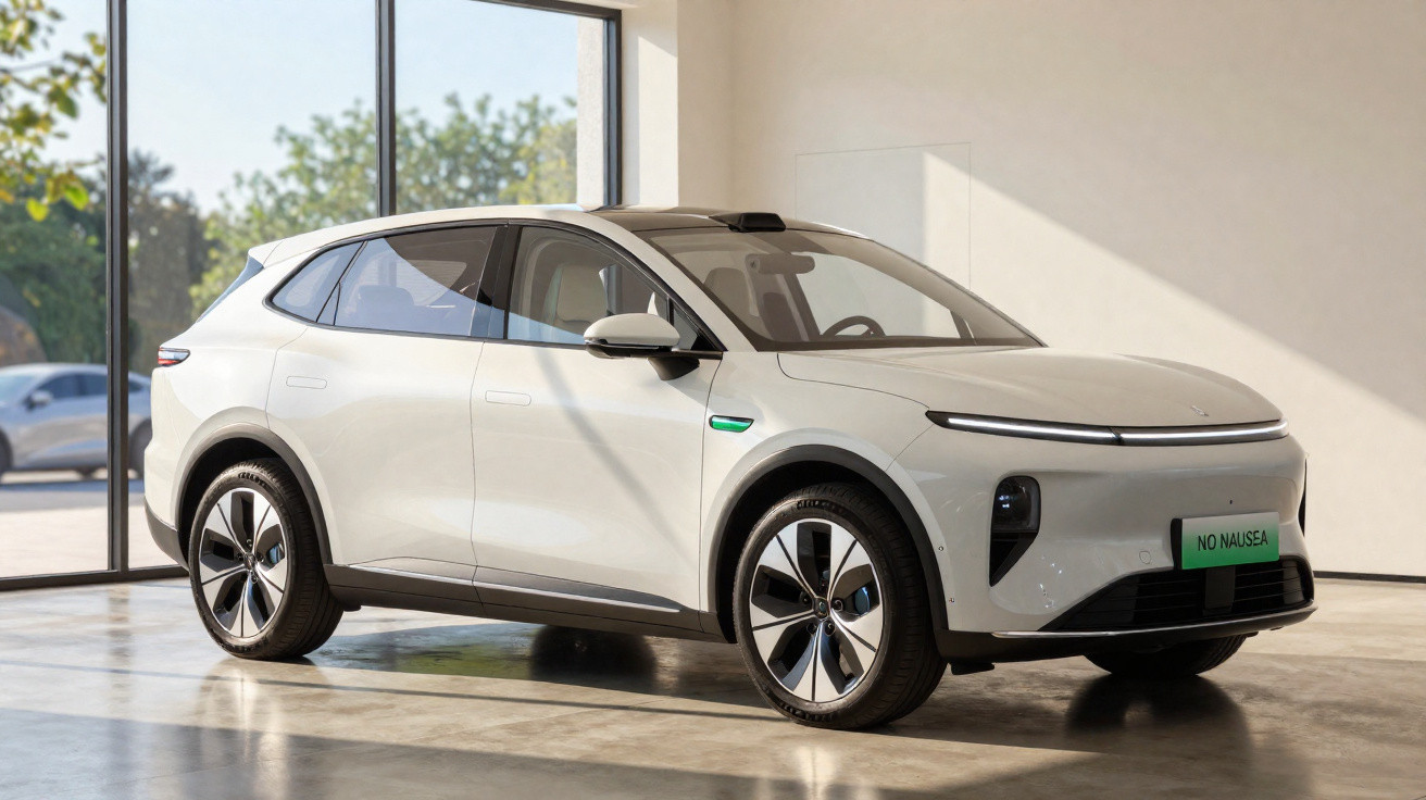 Carro elétrico branco estacionado em garagem moderna, design aerodinâmico e contemporâneo.